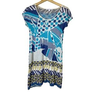 Diktons Barcelona Womens Knit Dress Sz S Artsy Blue Yellow Beige Made Spain Boho